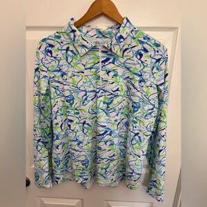 IBKUL Blue & Green Splash Women’s Athleisure Mesh Sleeve 1/4 Zip Top/Jacket, XL